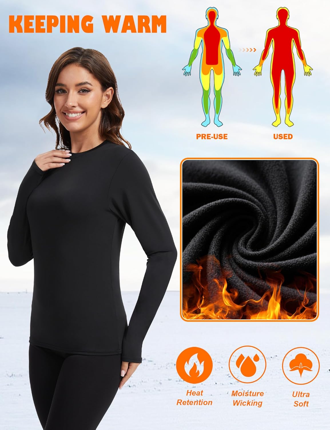 5 Pack Women Long Sleeve Thermal Shirts, Crew Neck Fleece Lined Base Layer Underwear Cold Weather Tops - Image 3