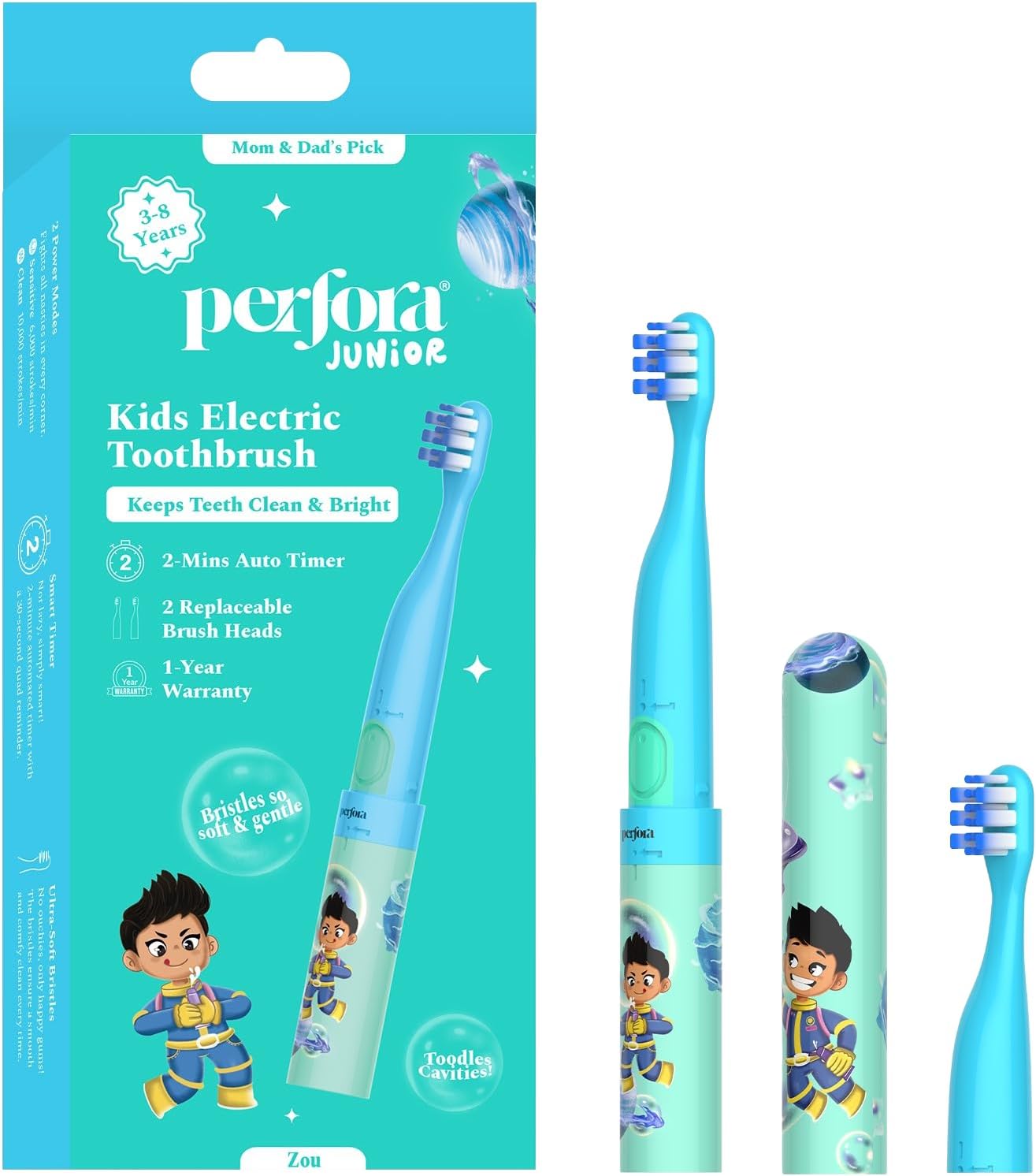 Perfora Electric Toothbrush For Kids | AAA Battery Powered, 90 Day Battery Life | 2 Brushing mode | With 2 Brush Head & Travel Cover | 1 Year Warranty | Age 3-8 | Electric Brush For Kids Oral Care- Zi