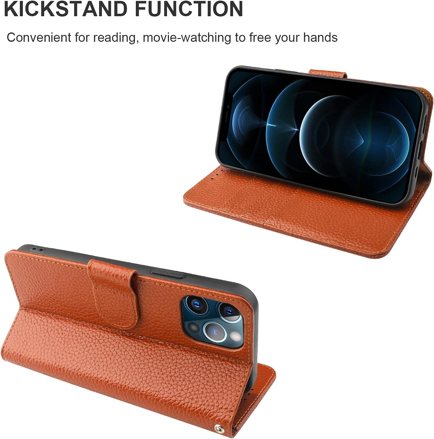 Bocasal Genuine Leather Wallet Case for iPhone 12 Pro Max Wireless Charge RFID Blocking Credit Card Holder Kickstand Folio Flip Protective Cover with Wrist Strap Magnetic Clasp 6.7 Inch (Brown)
