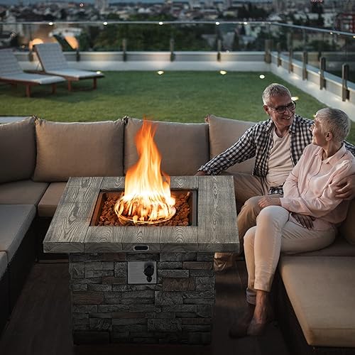 Miniatura 2 de Giantex Mesa para fogata de gas propano de 34.5 pulgadas, mesa cuadrada 2 en 1 para patio con roca volcánica y cubierta de PVC, quemador de acero