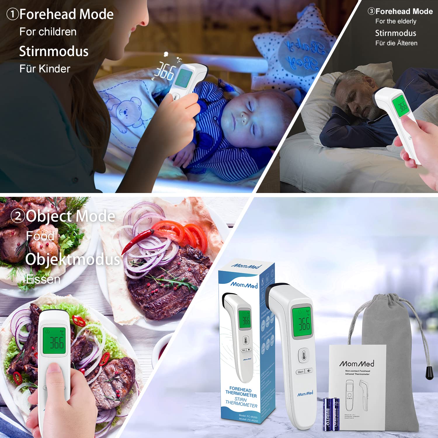 Collage showing MomMed thermometer used for forehead temperature on children and elderly, and object temperature on food