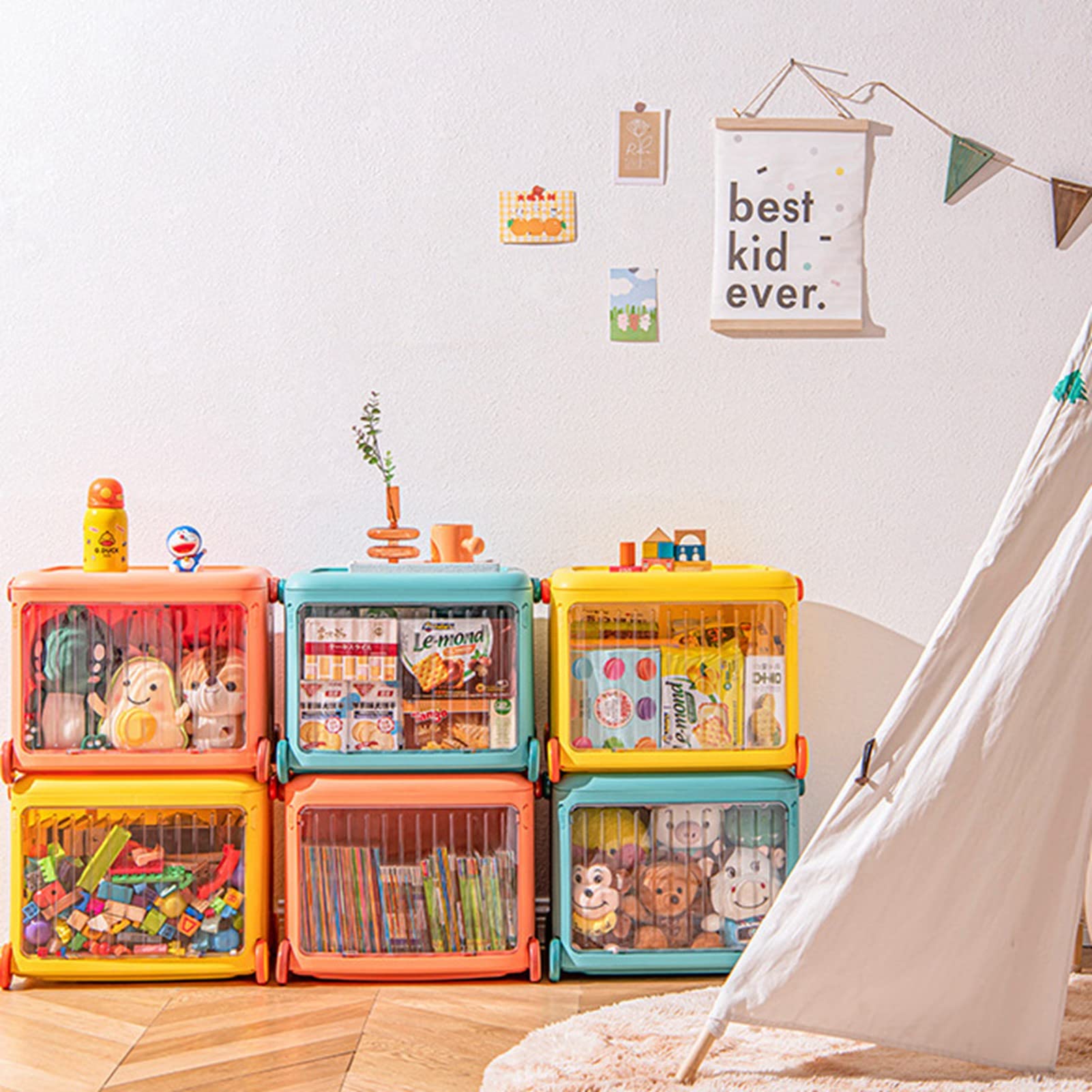 Fdit Contenitori Portaoggetti Pieghevoli e Impilabili per Bambini con Maniglia e Ruote, Organizzatori in Plastica Trasparente Visibile per Giocattoli, Libri, Snack (BLUE)