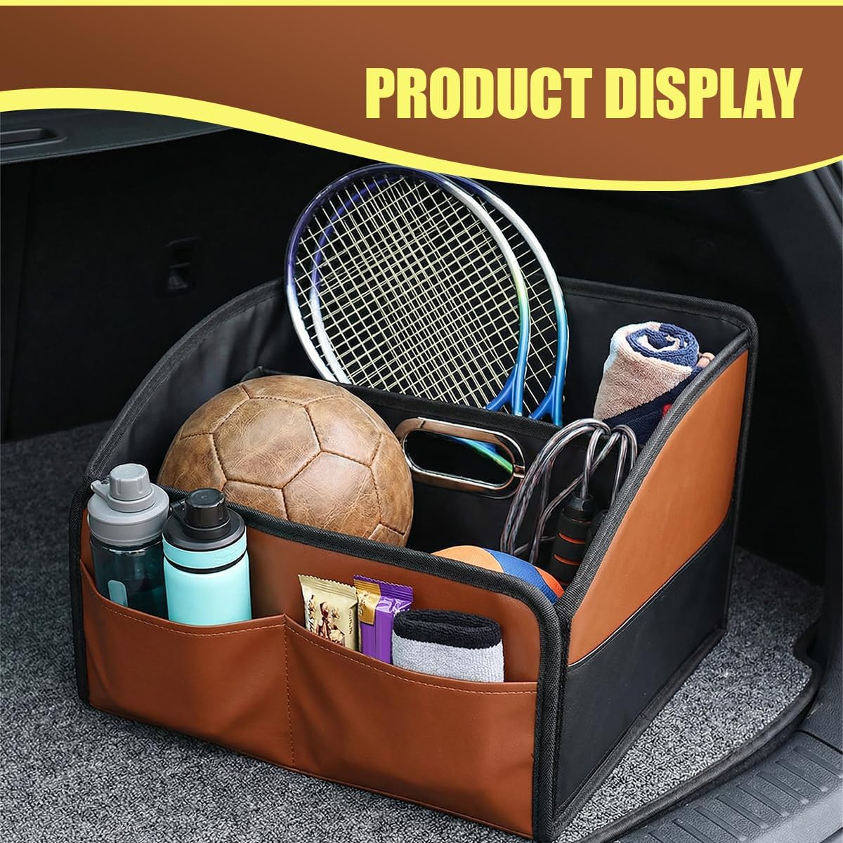 Car Organizer, Foldable Leather Auto Storage Box for Front Back Seat or Floor, with Removable Divider & Metal Handle, Large Capacity Multi-Compartment Car Organize Accessories (Orange)
