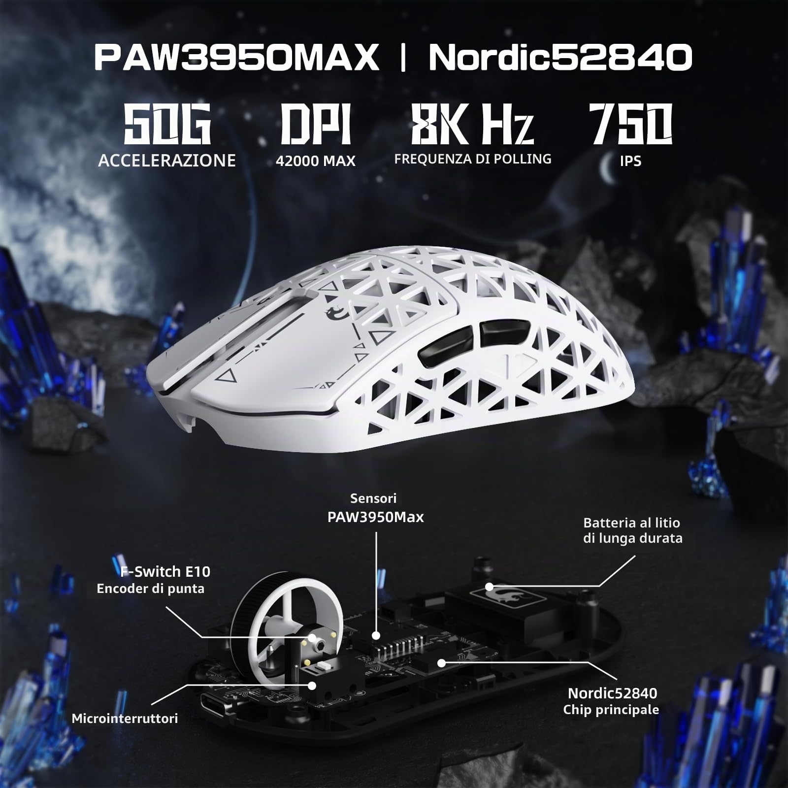 MAMBASNAKE M5 Ultra Carbon Fiber Mouse da Gioco Wireless 8000Hz con Fino a 42000 DPI, 39g Ultraleggero, Sensore PAW3950MAX, Chip Nordic 52840, 2,4GHz Wireless/BT/Cablato, per PC/Xbox/PS/Mac - Bianco A
