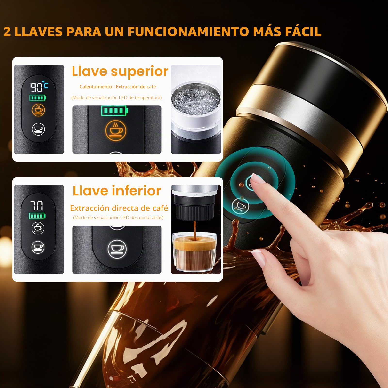 Cafetera Portátil 20 Bar, 3 en 1 Cafetera Espresso Eléctrica Portátil Maquina de Cafe Portatil Recargable Compatible con Cápsulas Pequeñas/Grandes y Café Molido para Viajes Acampada Oficina y Hogar