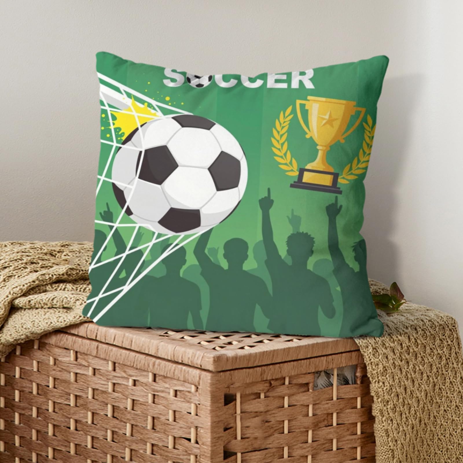 Soccer-05 Green Soccer Goal Trophy Throw Pillow Cover, Football Champion Cushion