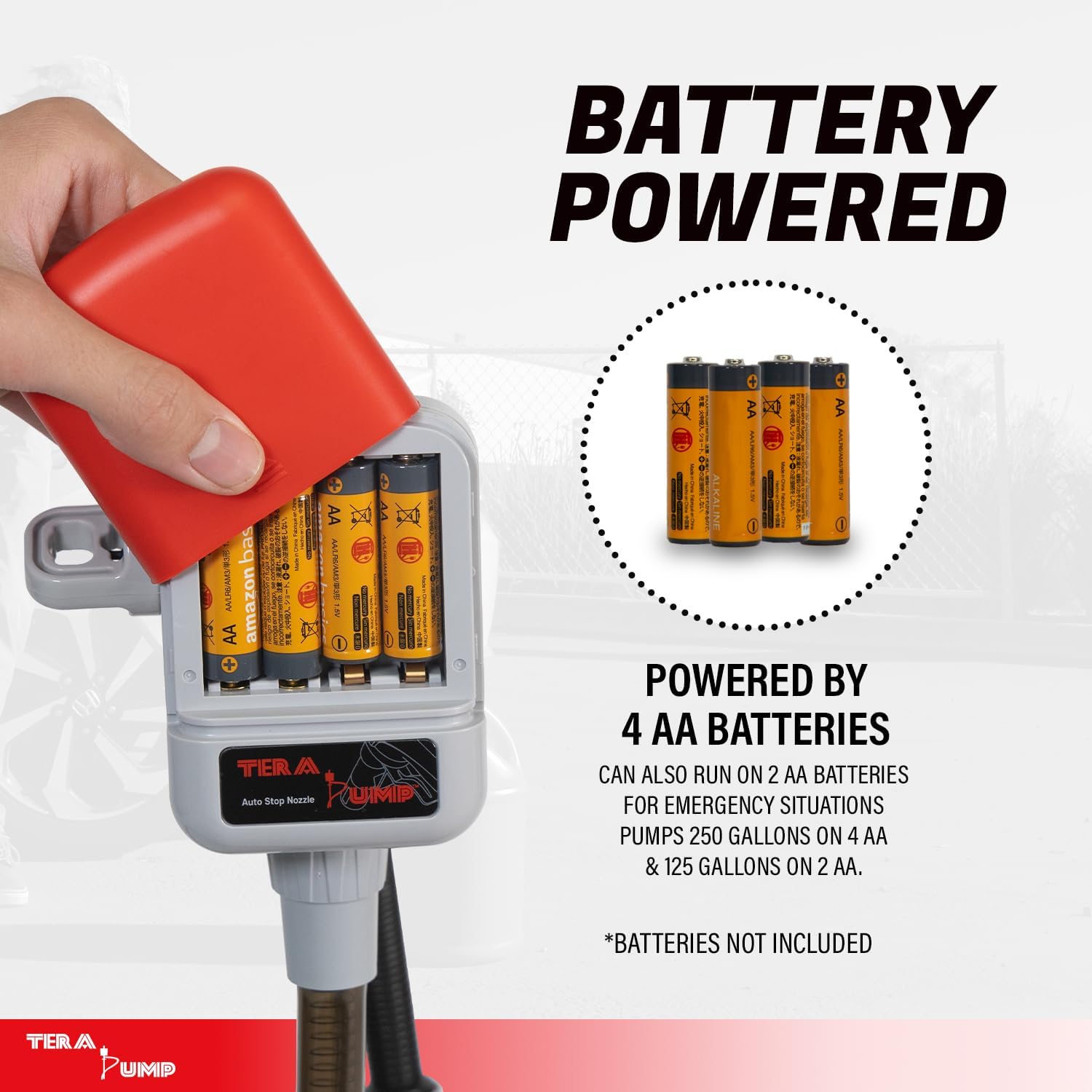 TERA PUMP TRFA03-XL Universal Gas Can Adapter Cap Battery Powered Fuel Transfer Pump (2.3 GPM) No Spill Sensor, 4.27 ft Vinyl Hose, Utility Jug Adapter, Power Nozzle, 4x AA Power - Image 2