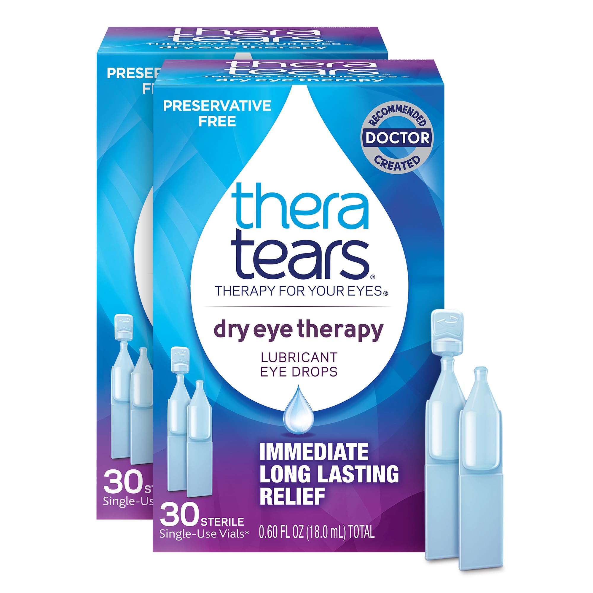 TheraTearsDry Eye Therapy Eye Drops for Dry Eyes, Preservative Free, 30 Vials, 2 Pack