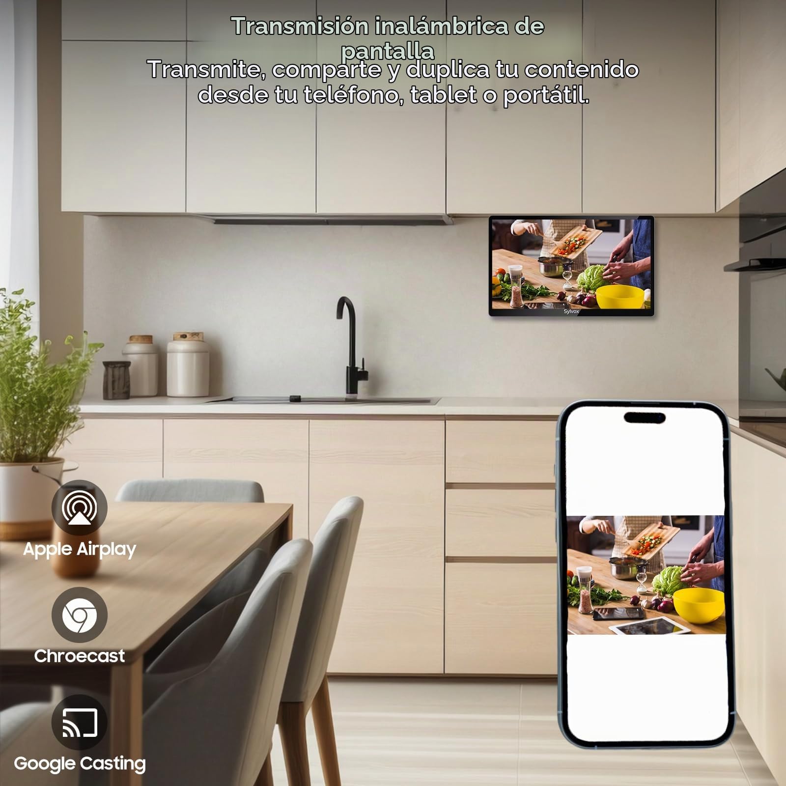 SYLVOX Televisor de Cocina, Mini Smart TV de 15.6 Pulgadas, 1080P Full HD Bajo Armario con Google TV y Sintonizador DVB-C/T2/S2, Televisor Compacto de 12V para Cocina, Habitación Infantil y Lavandería