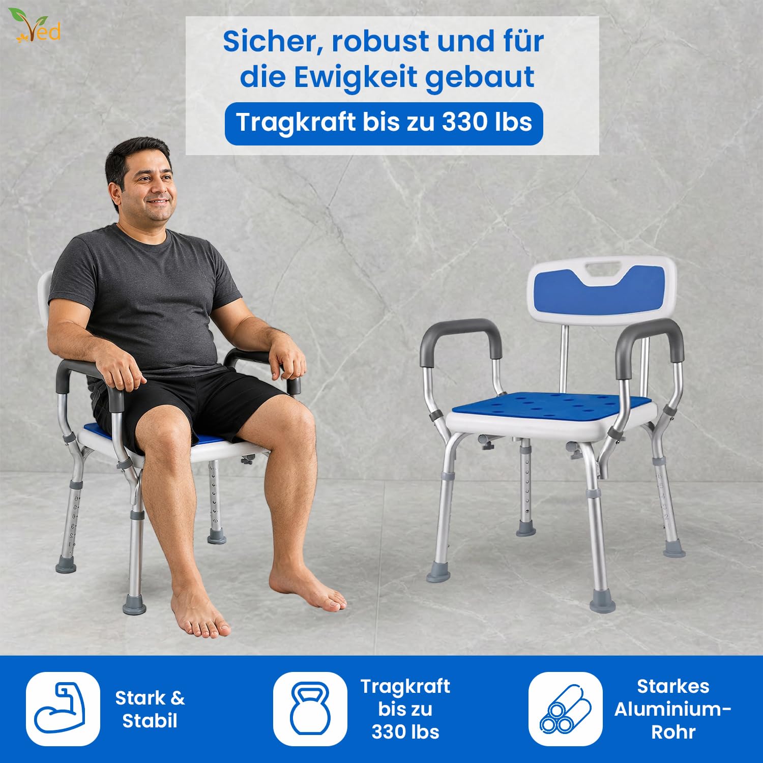 VED Duschstuhl | 6-Fach höhenverstellbare Duschbank | Inklusive gepolsterter Armlehne | rutschfeste Füße | Badewannenhocker für Senioren, Behinderte und Schwangere,(330 lb Capacity 43D x 12W x 50.6H)