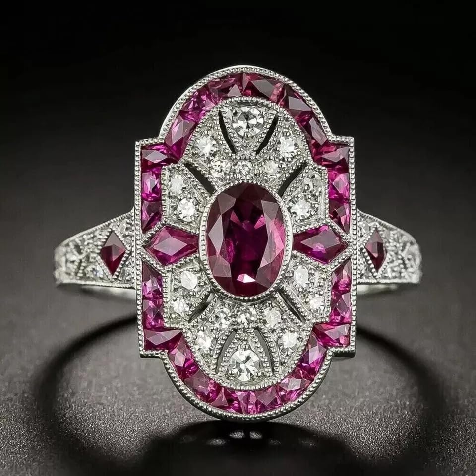 Art Deco Vintage Oval Cut Ruby & Lab Created Diamond 925 Silver Engagement Ring4