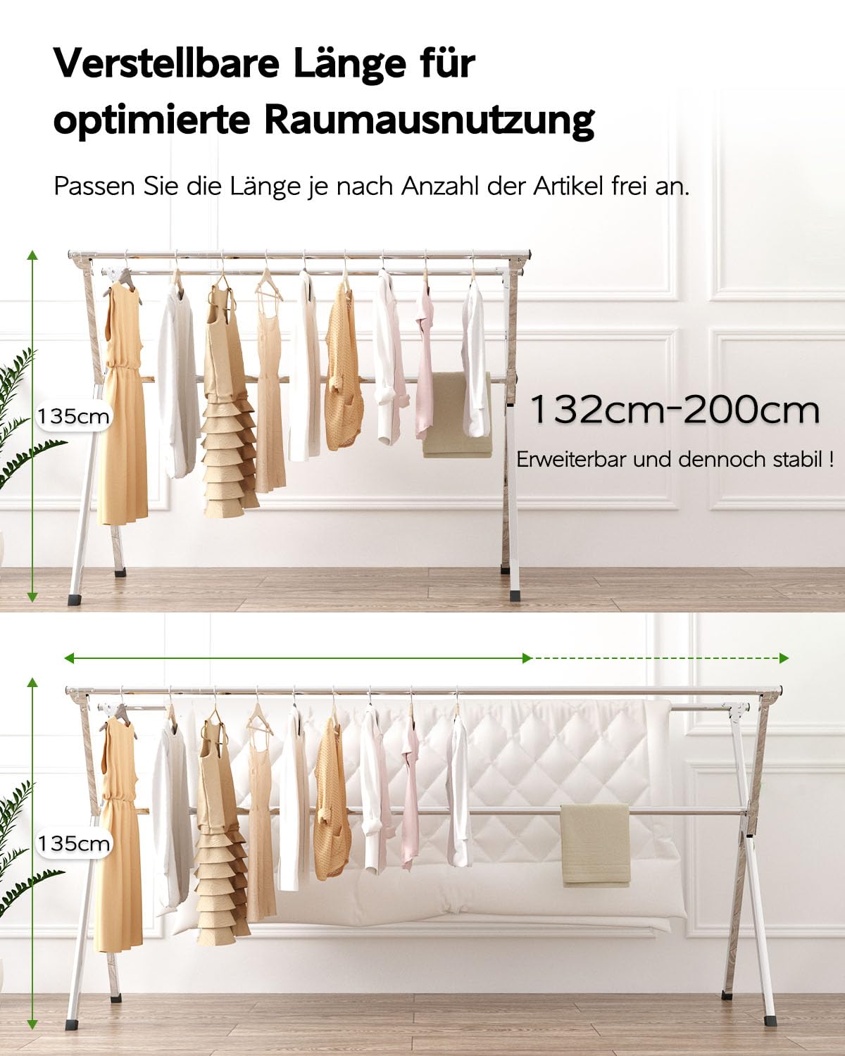 Vikaqi Wäscheständer 200 cm zusammenklappbar Indoor Outdoor Wäscheständer Kleidung Faltbar Wäscheständer Heavy Duty Edelstahl Wäscheleine Kleiderständer 20 Haken 12 Clips