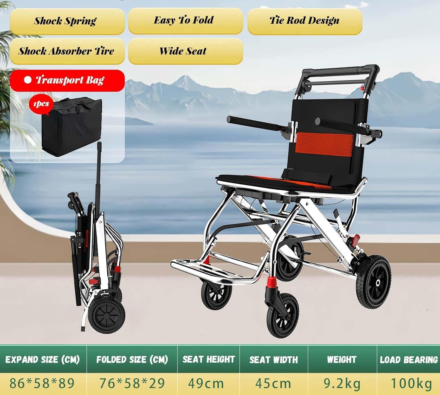 Silla de ruedas plegable de viaje con barra de tracción, diseño ultraligero para uso doméstico y festivo, marco de aluminio con neumáticos de 8 pulgadas y asiento de 45 cm