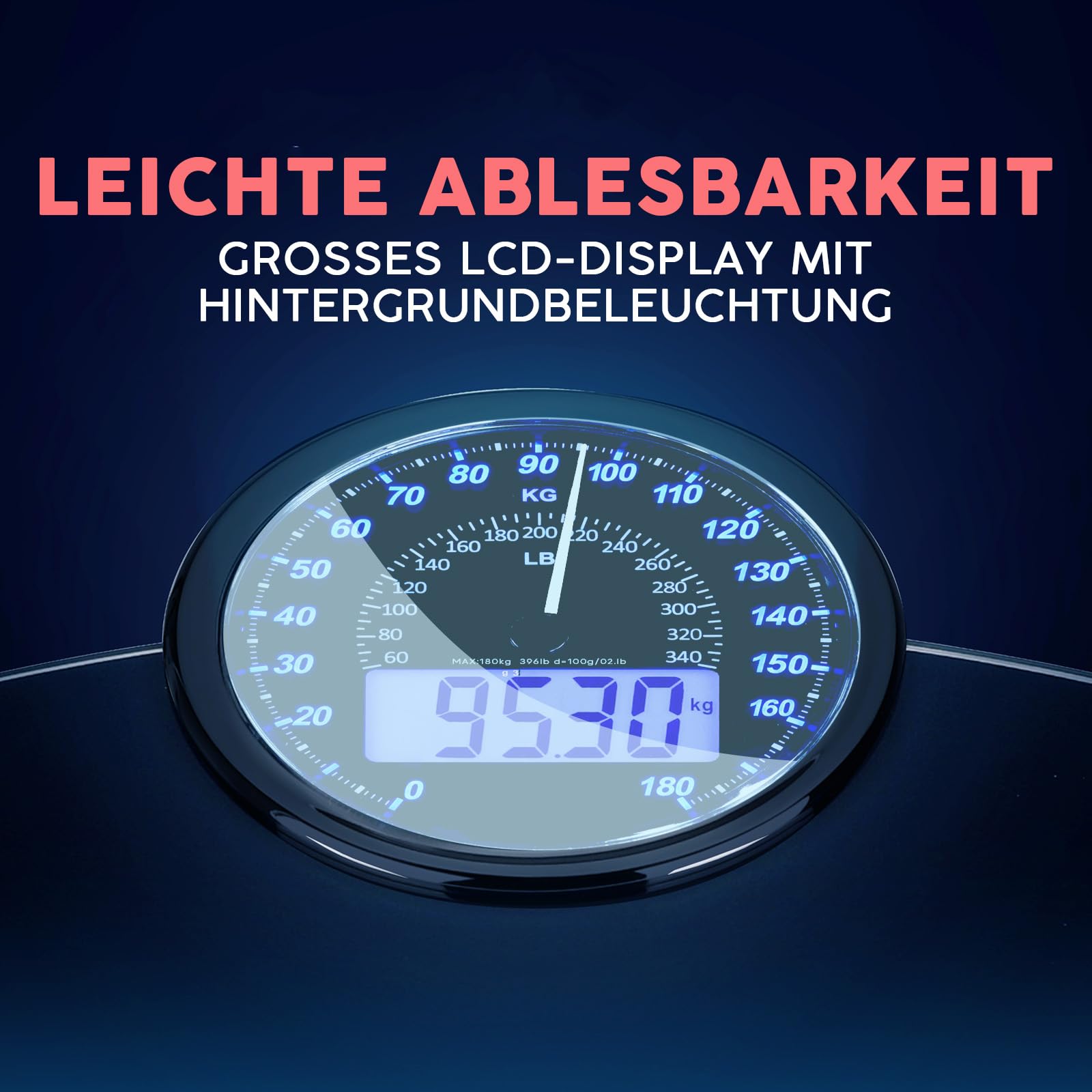 Hybrid Personenwaage - Analog & Digital, Präzise bis 180 kg | Gewicht auf Analogzifferblatt und LCD ablesen. Breite Glasplattform, 3 AAA Batterien inklusive, sofort einsatzbereit.