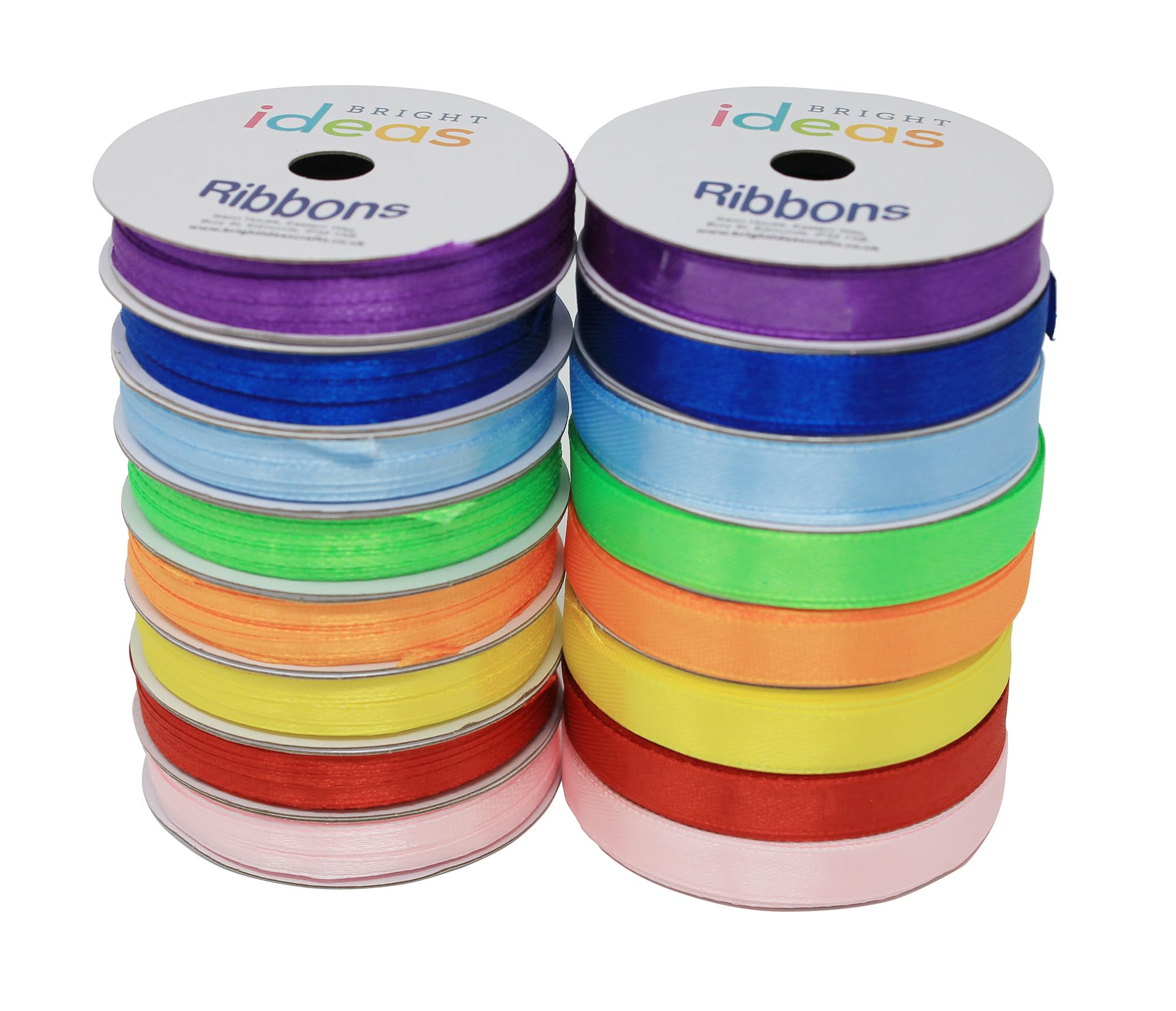 Bright Ideas Satin Ribbon. PK16 Spools in 8 Assorted Colours. 8 Spools x 3mm, 8 Spools x 9mm, 120 Meters for Gift Wrapping, Birthday Party Decoration, Bow Making, Ribbon for Crafting. BI3024.