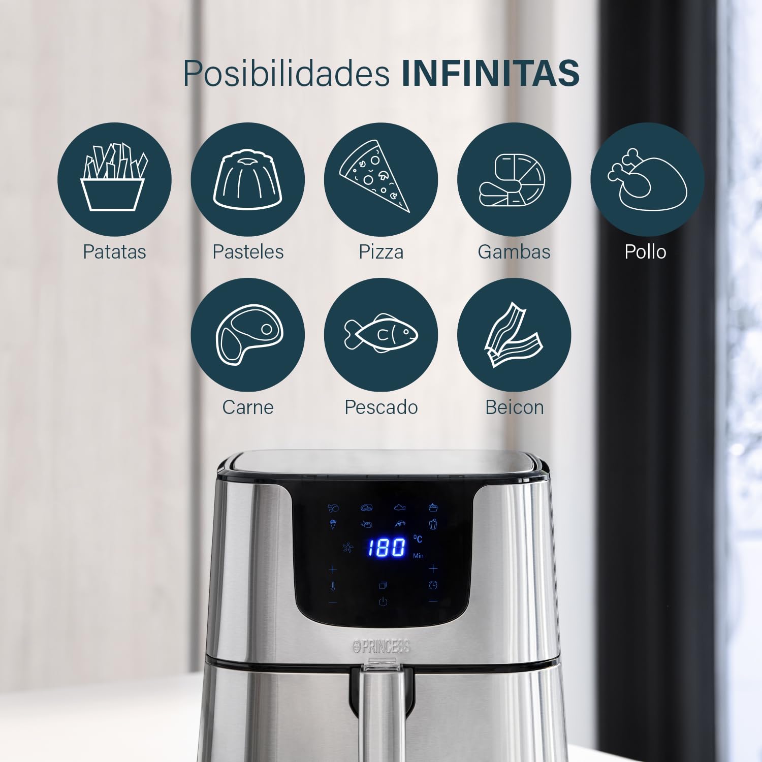 Princess 182060 Freidora sin aceite Deluxe 5.5 L, hasta un 62.2% menos de consumo de energía, libro con 30 recetas incluido, 8 programas, panel de control táctil digital, Regular