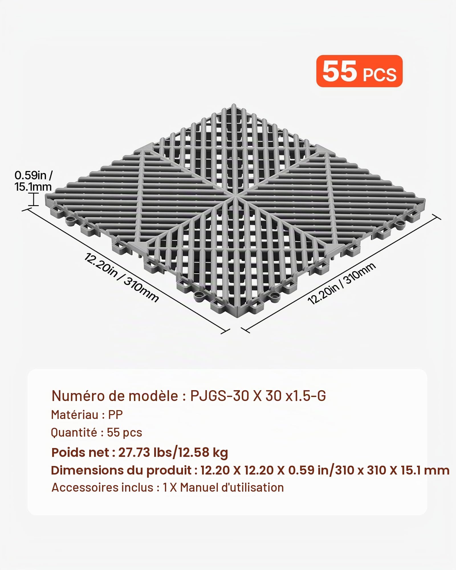 VEVOR Dalles de Sol Clipsables pour Garage, Tapis de Drainage Modulaire en PP, Système d'Emboîtement Antidérapant, pour Piscine, Spa, Terrasse, Jardin, Balcon, Sous-sol, Lot de 55, 310x310 mm, Gris