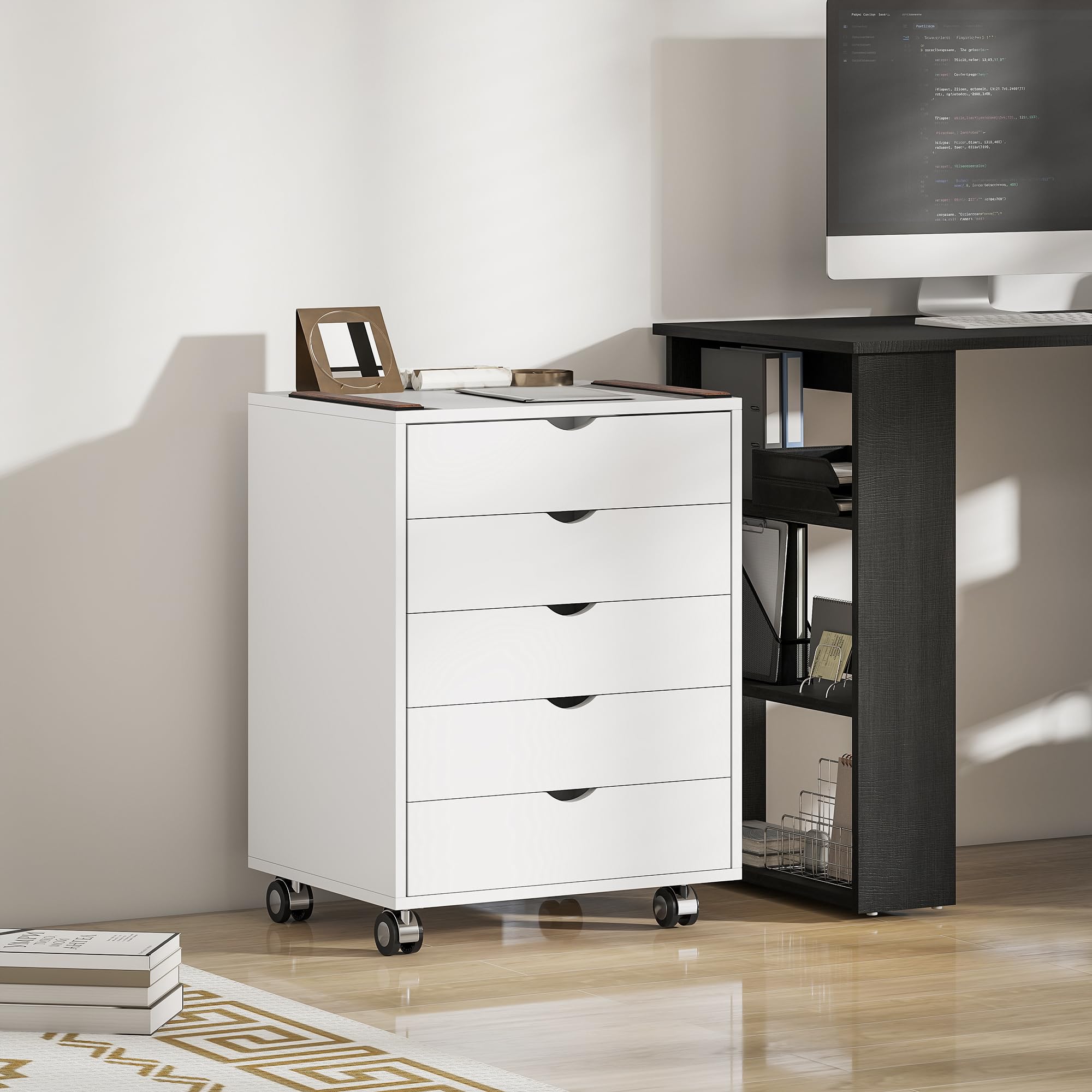 HOMCOM Schedario da Ufficio Cassettiera, 5 Cassetti, 50x40x67.5 cm, Bianco | Ruote, Blocco, Cassettiera Ufficio, per Documenti A3/Lettera/Formato A4, Armadietto Verticale Salvaspazio, per Studio