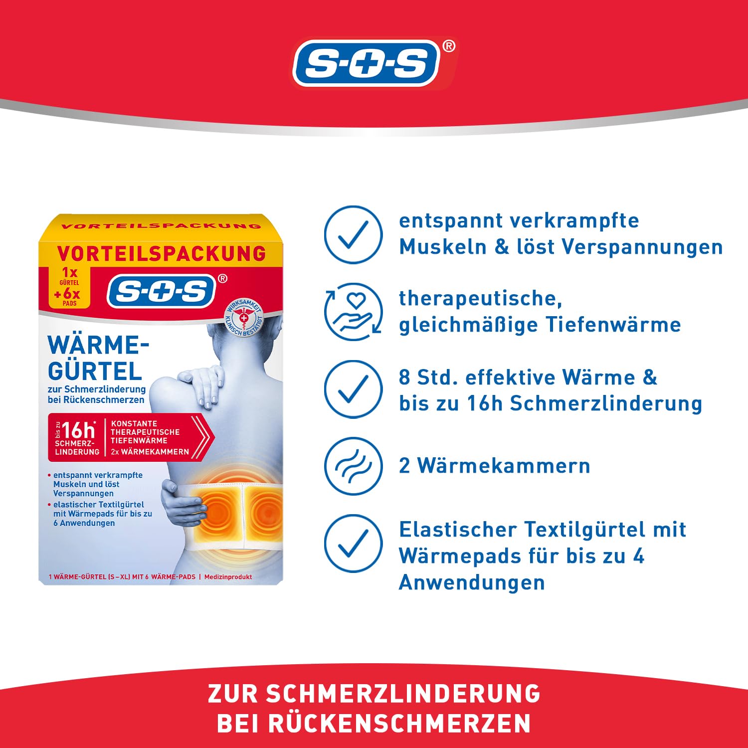 SOS Wärme-Gürtel (1x Wärme-Gürtel + 6 Pads) Rückenwärmer zur Schmerzlinderung bei Rückenschmerzen - wärmender Hüftgürtel für verkrampfte Muskeln & Verspannungen
