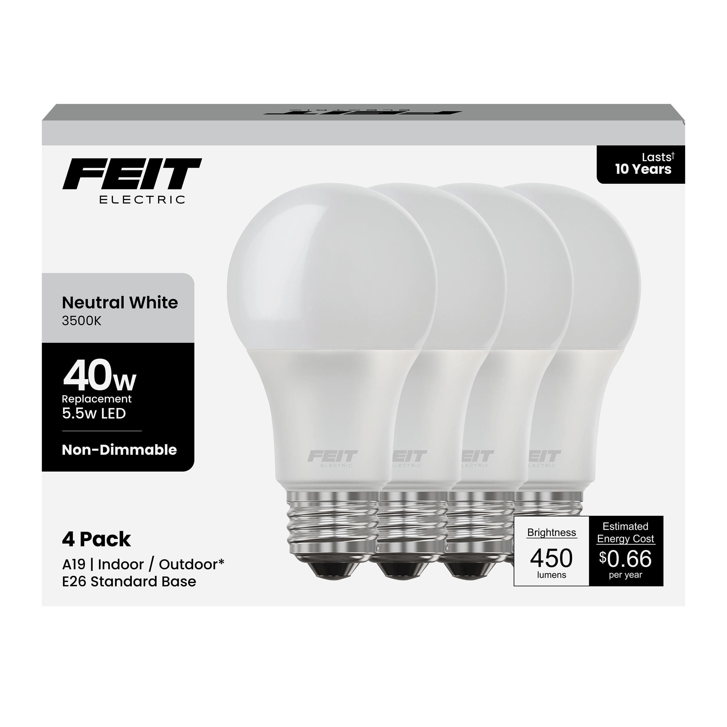 Feit Electric A19 LED Light Bulb 40-Watt Equivalent 3500K Neutral White E26 Base 450 Lumens 11 000-Hour Lifespan