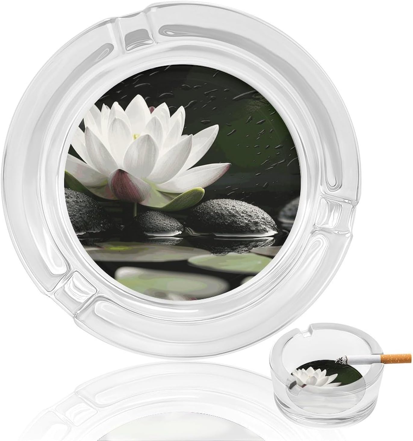 Ashtray, And Black Zen Stonesprinted Round Glass Ashtray, Suitable for Home, Office, Indoor And Outdoor Use.