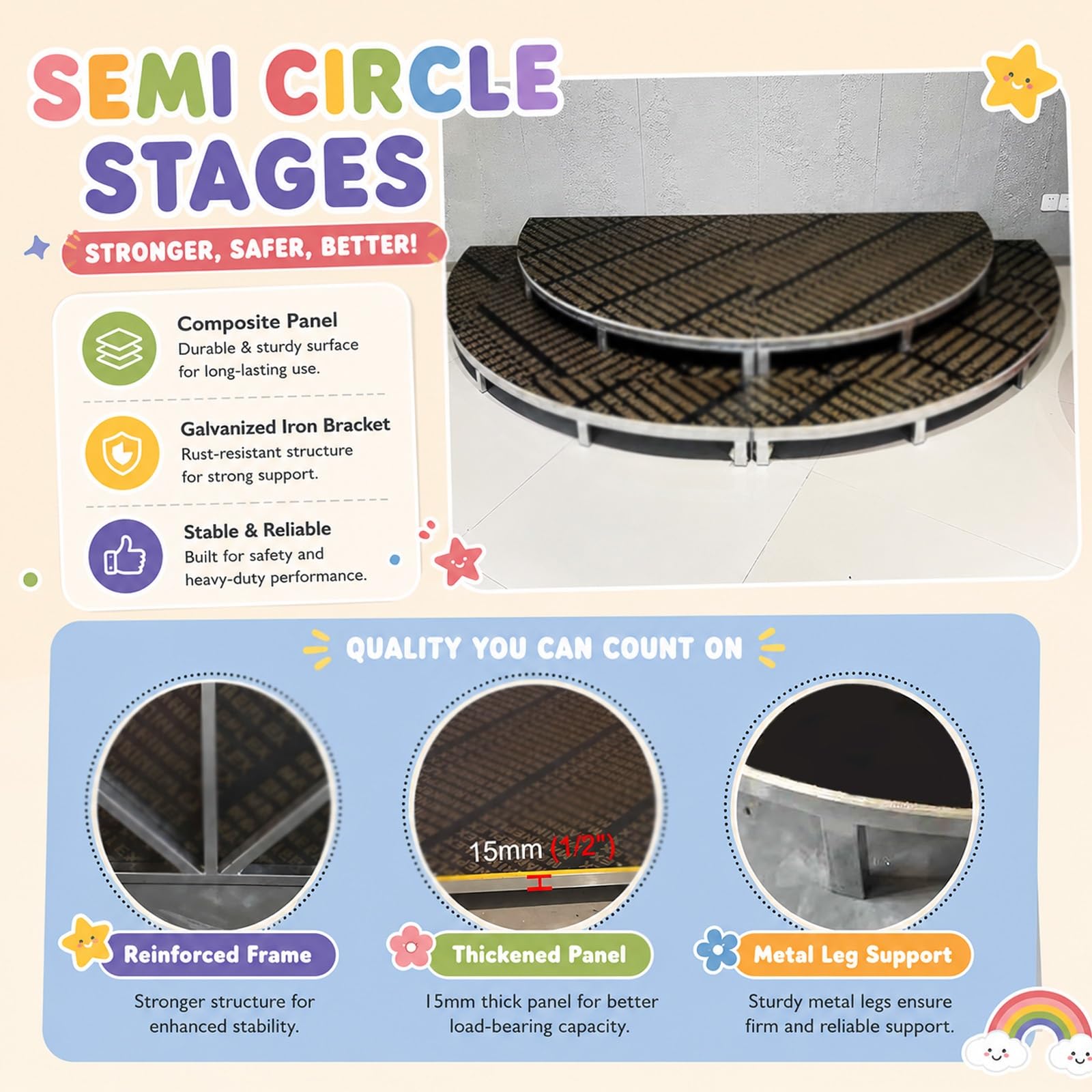 Palcoscenico portatile semicircolare/rotondo, piccolo palco con gonna, elevata capacità di carico, mini palco per spettacoli corali, eventi scolastici e in classe(Gray B,120x60cm)
