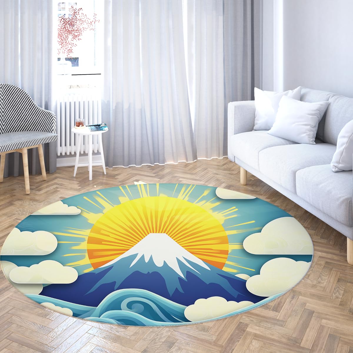 Tapis rond 200x200cm vagues océan soleil levant salon