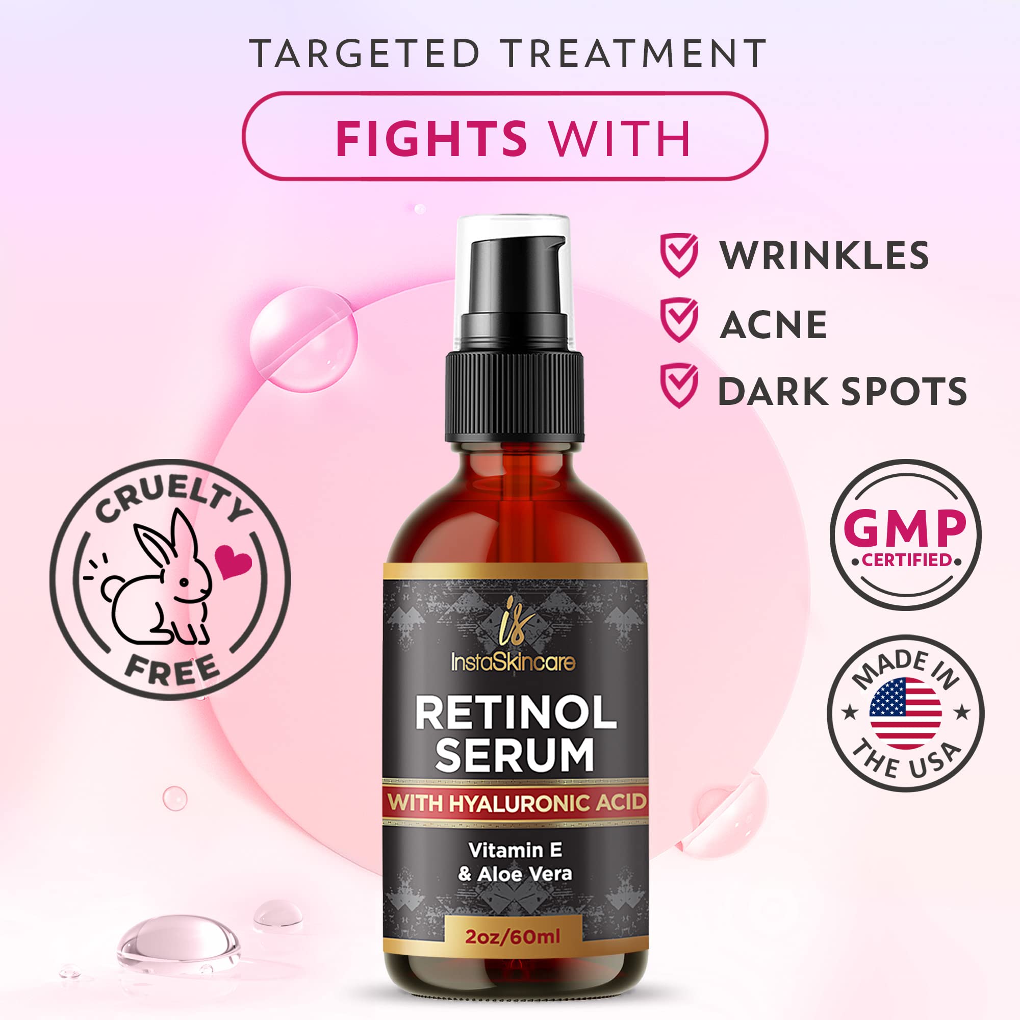 DOUBLE SIZED (2Oz) Retinol Serum for Face with Hyaluronic Acid + Vitamin E and A + Aloe Vera