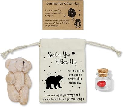 A Little Pocket Bear Hug,Sending You a Bear Hug with Pocket Hug Token Card Bear Plush Doll Heart Bottle Distance Gifts for Women Men Pocket Bear, Small, HYHDC00