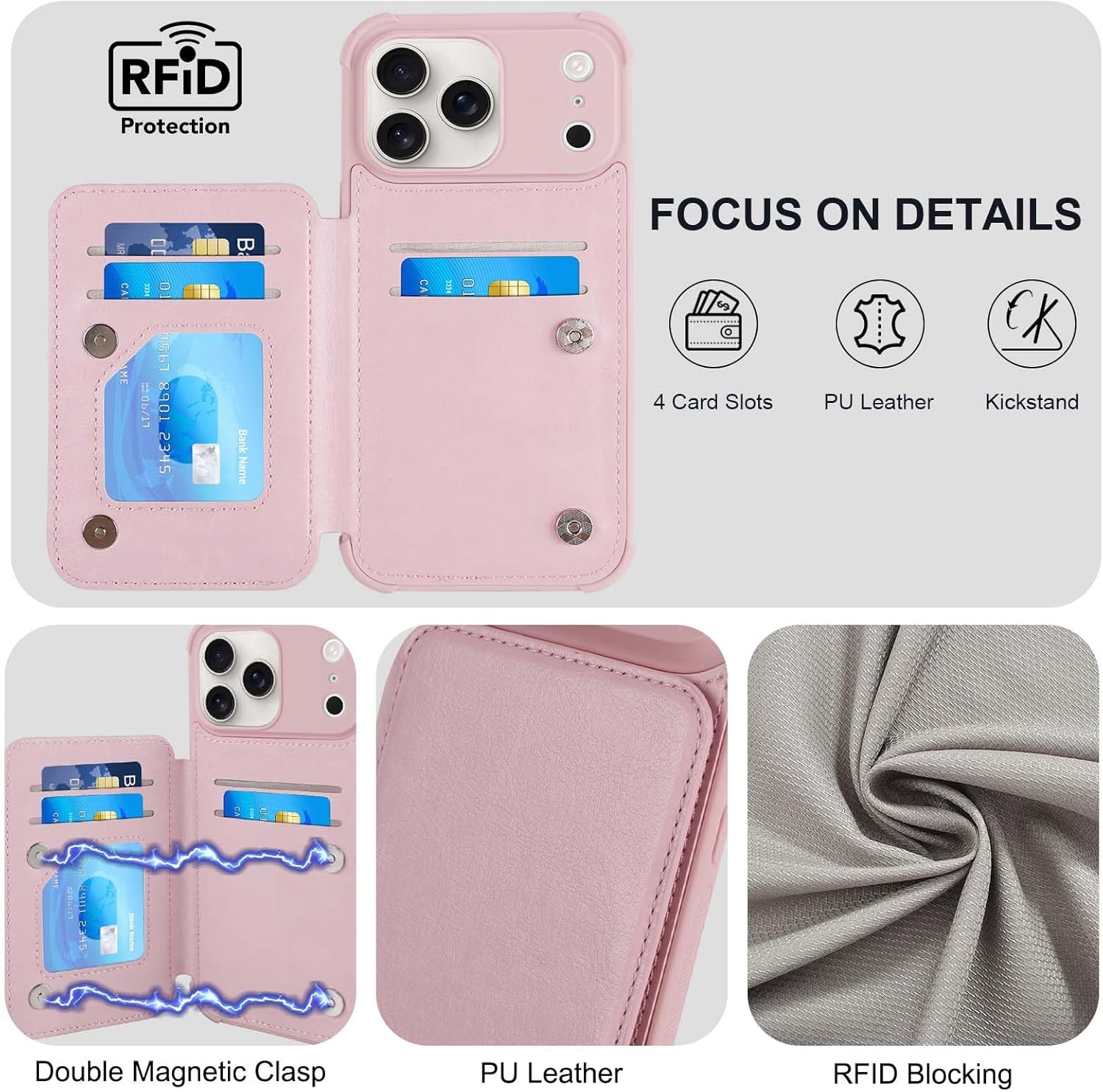 VANAVAGY Compatible for iPhone 17 Pro Max Wallet Case with RFID Blocking Card Holder, [Screen Protector] PU Leather Kickstand Card Slots Magnetic Clasp Shockproof Case for Women Men,Chalk Pink - Image 4