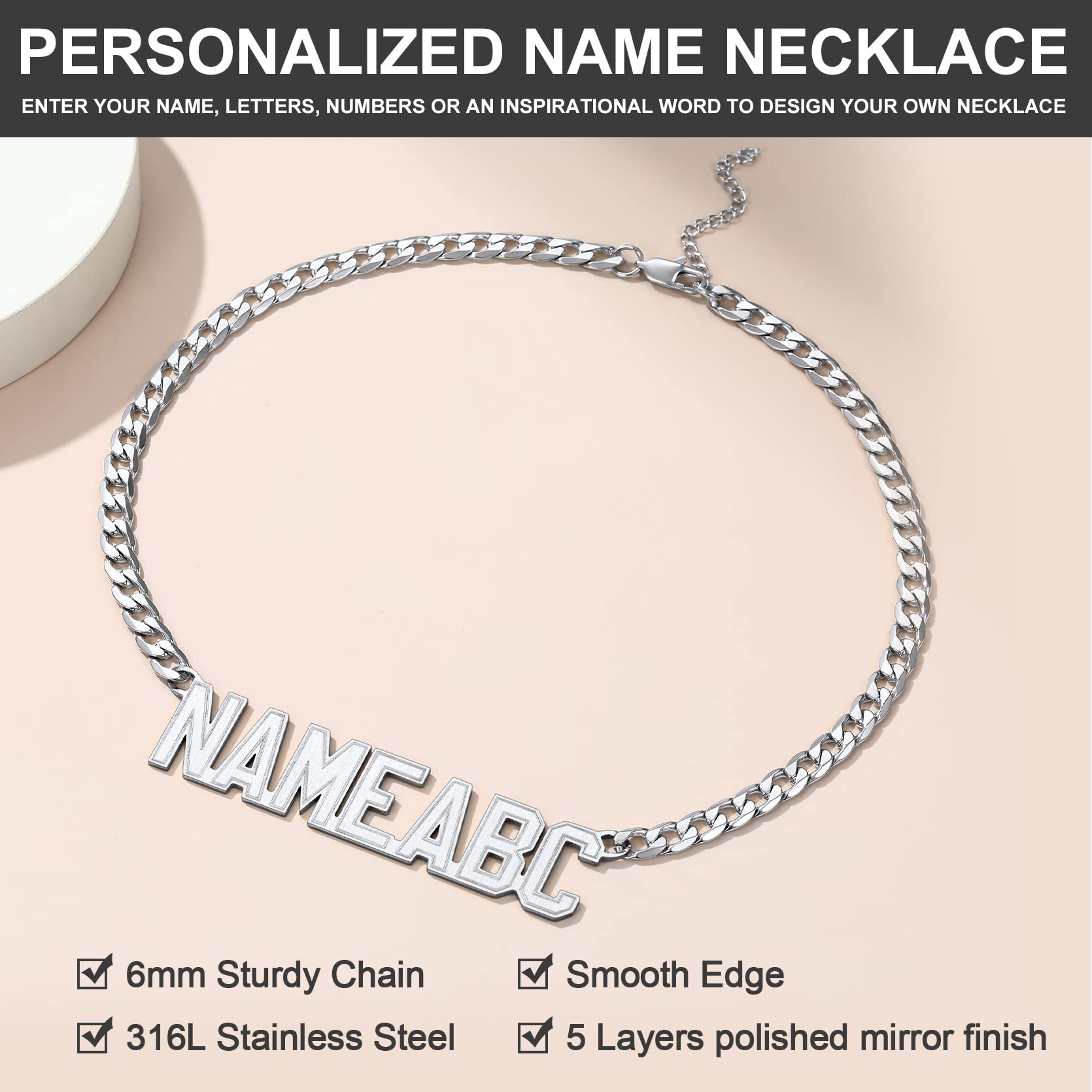 GoldChic Damen Herren Namenskette Edelstahl/18K Vergoldet Personalisierte Halskette mit Namen Allgemeine Name Anhänger Halskette mit 40cm/46cm/55cm/66cm/76cm Kette Modeschmuck Geschenk