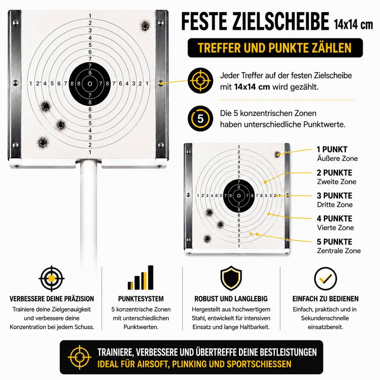 Metallziel mit 8 Drehzielen und Kugelfang 14x14 cm für Airsoft