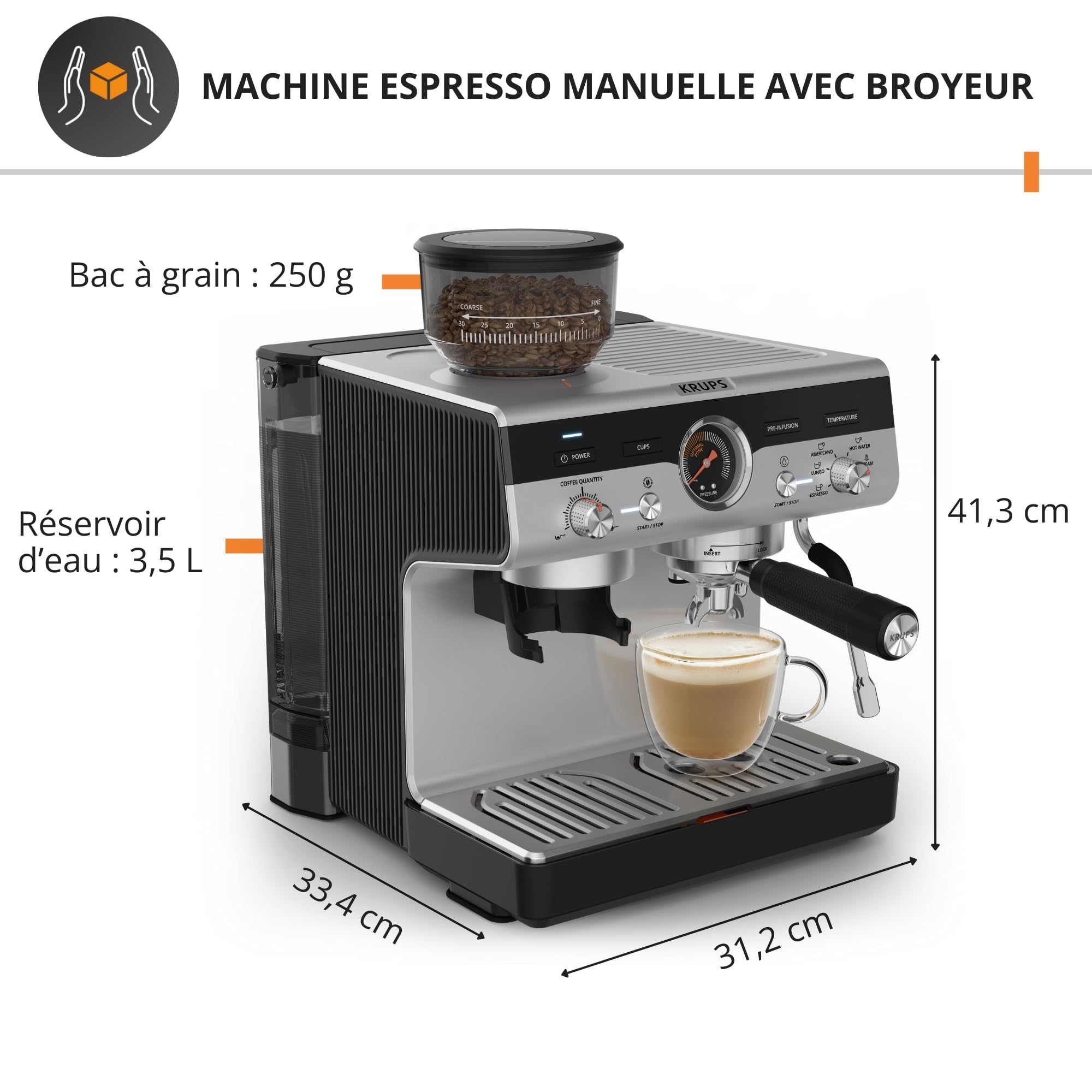 Krups Precision, Machine Expresso Manuelle avec moulin, 30 Niveaux de mouture, 15 Bars, Buse Vapeur, 3 Températures, Interface Intuitive, Cappuccino, XP801T10, Silver