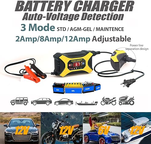 Miniatura 2 de KATBO Cargador de batería de 12 A con corriente de conmutación manual, 2 A, 8 A, para coche, motocicleta, batería de goteo para baterías de