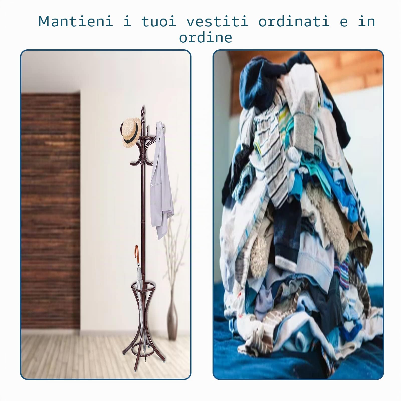 GIANTEX Appendiabiti da 184 cm, Scaffale per Abiti e Cappelli, Appendiabiti in Legno con 12 Ganci, Supporto per Ombrellone, Portabiti Autoportante, per Ingresso, Ufficio, Soggiorno (Marrone)