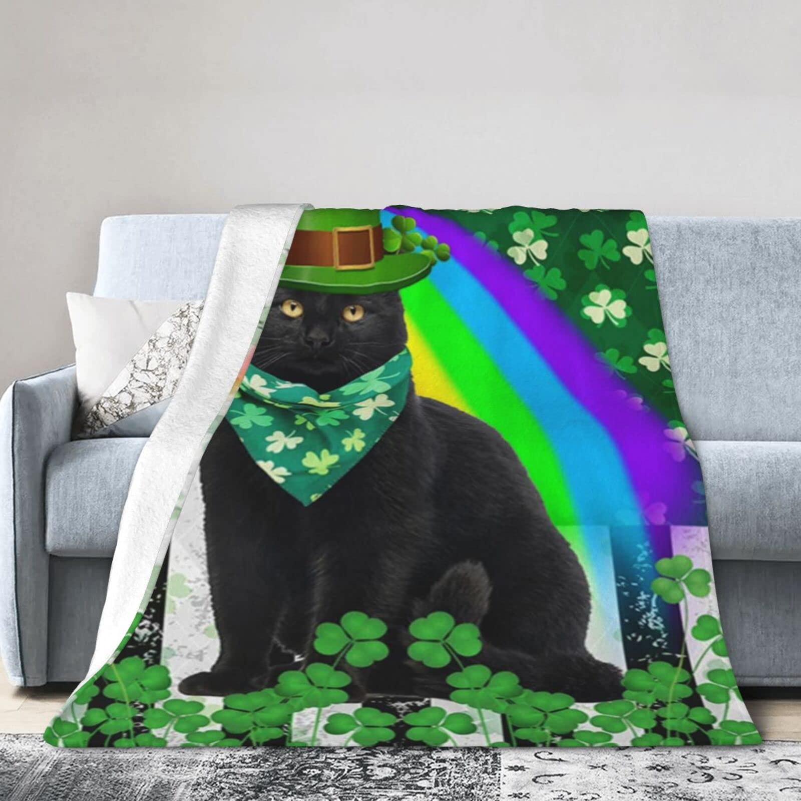 Lsjuee Flannel Fleece Blanket 50"X40" Black Cat Irish Saint Patrick‘s Day Sofa Throw Blanket Funny Ultra-Soft Travel Spring Blankets for Mens Keep Warm