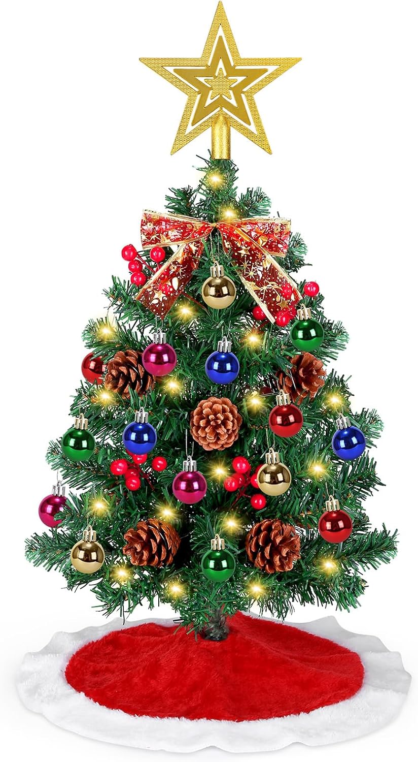 24 Inch Small Tabletop Christmas Tree with Tree Skirt, Christmas Pine Tree with 50 LED Lights, Star Treetop and Ornaments, Artificial Mini Christmas Tree Home Table Christmas Decorations Light Green