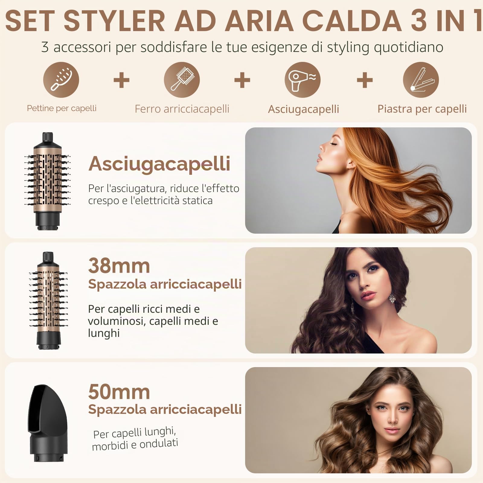 Spazzola Asciugacapelli, Spazzola Ad Aria Calda 800W, Spazzola Rotante per Capelli, 3 in 1 Phon Capelli Ionica, 2 Temperature/2 Velocità, Arricciacapelli per Ricci Volumizzante Lisciante