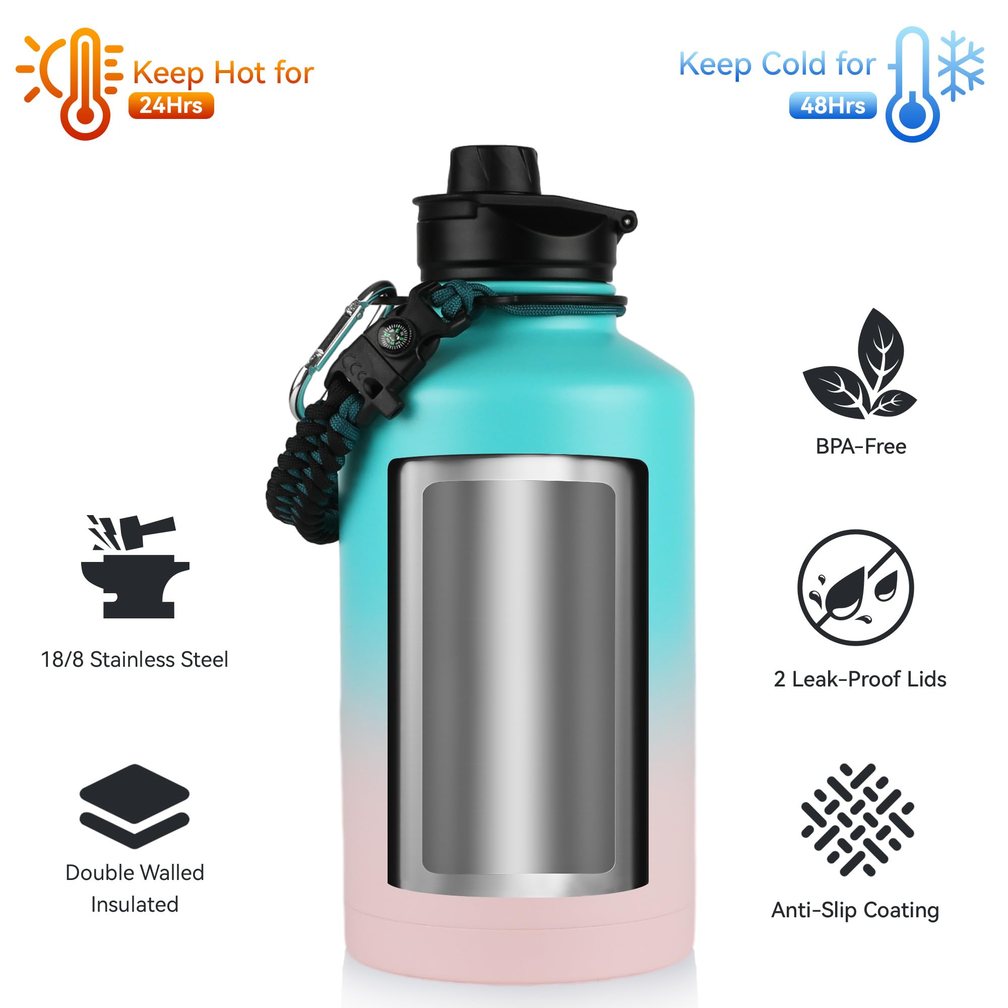 Botella De Agua Aislada De 64 Onzas Con Popote Emergente Y Tapa De Boquilla Automática, Asa Flexible, Portador De Correa De Botella De Agua, Jarra De Agua De Acero Inoxidable De