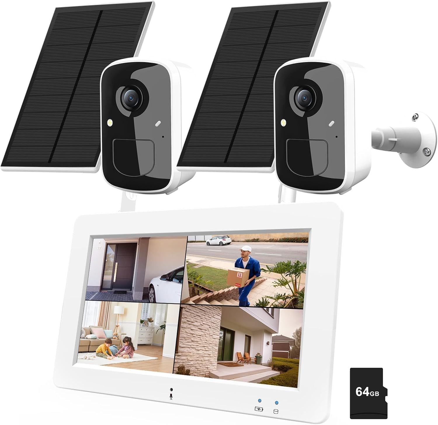 Wireless Security Camera System with 7″ Touchscreen Monitor, 2PCS 4MP WiFi Solar Powered Camera Outdoor, PIR Human Detection, 2-Way Audio, Color Night Vision, Pre-Installed 64GB SD Card