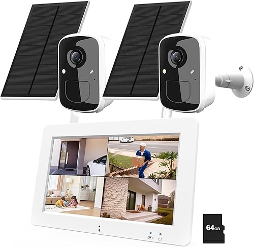 Sistema de cámara de seguridad inalámbrica con monitor de pantalla táctil de 7 pulgadas, 2 cámaras solares WiFi de 4 MP para exteriores, detección