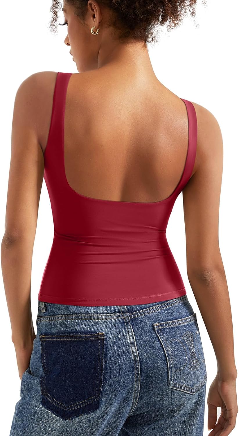 SUUKSESS Women Padded Open Back Boat Neck Tank Tops Double Lined Basic Shirts Small Wine Red