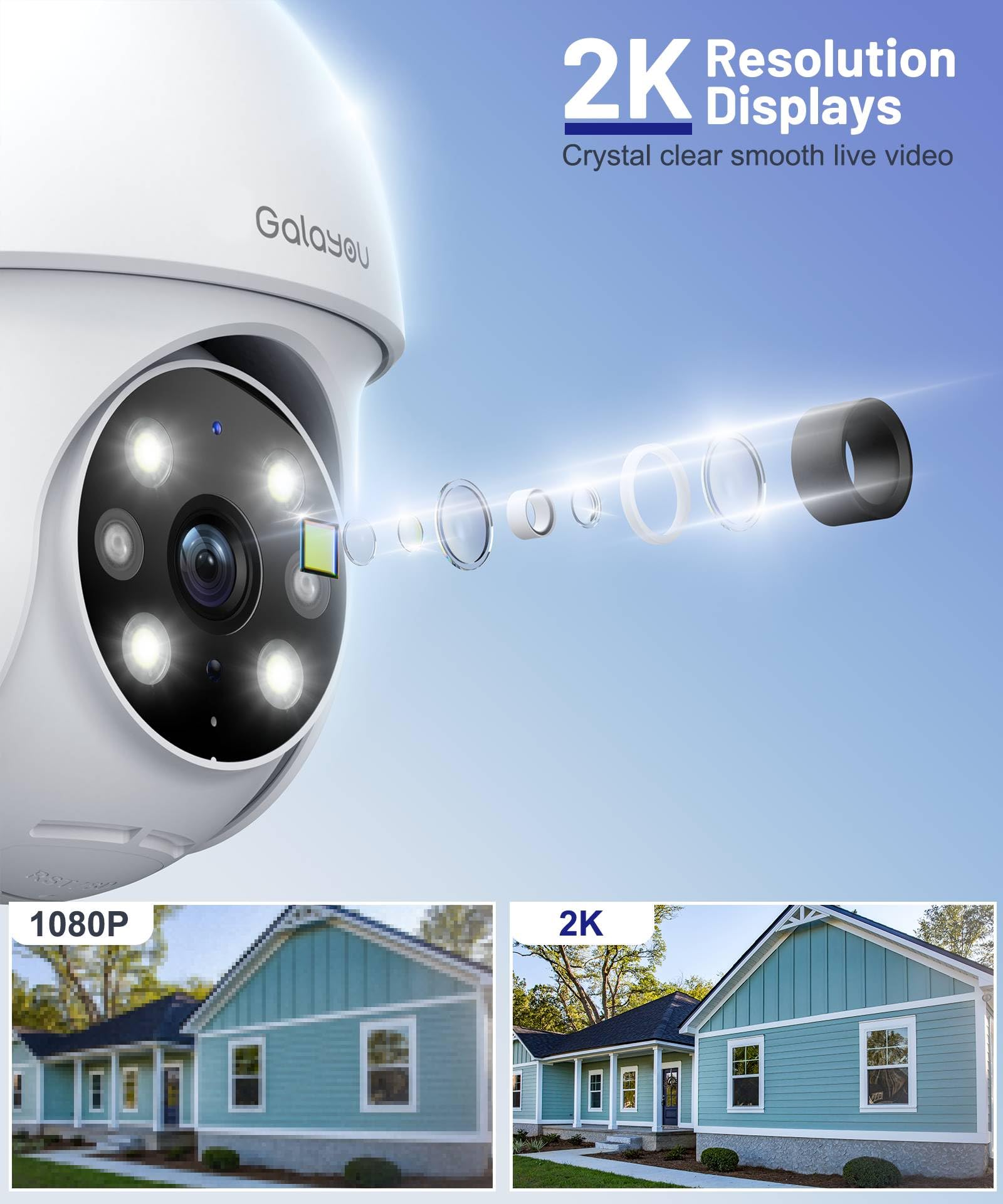 GALAYOU Camara Vigilancia WiFi Exterior - 2K Camaras IP Vigilancia Domicilio WiFi 360° con Visión Nocturna en Color, Alerta de Movimiento, 24/7 Grabación en Tarjeta TF, IP65, Compatible Alexa
