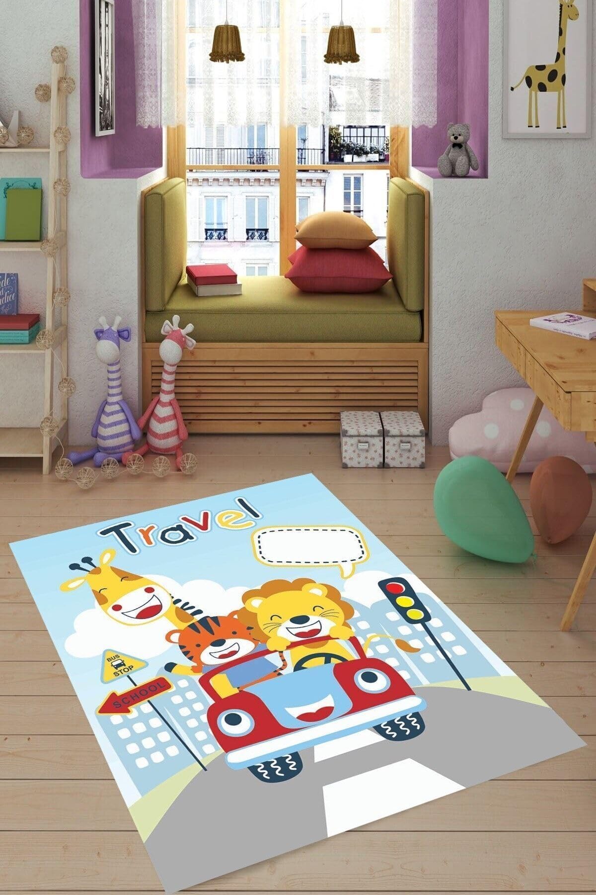 Pelangi Mavi Sevimli Hayvanlar Desenli Kaymaz Taban Çocuk Odası Halısı, Mavi 180 x 280