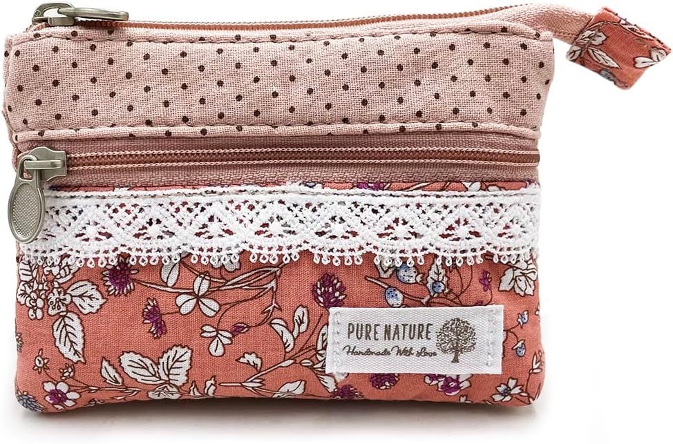Women Small Zipper Coin Purse, Handmade Fabric Flower Embroidered Change Pouch, Cotton Double Zipper Wallet
