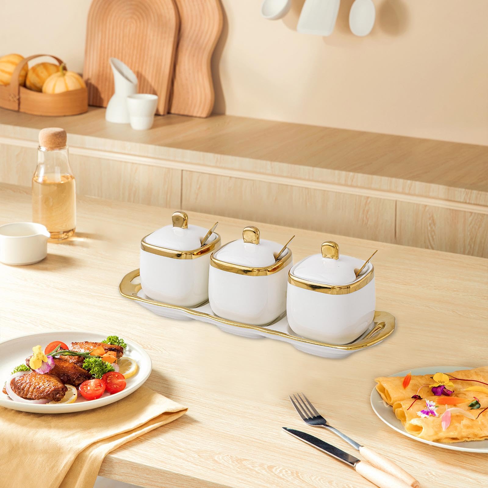 Keramik-Gewürzdosen-Set – Küchenbehälter für Zucker, Salz und Gewürze mit Löffel und Deckel – ideal für die Organisation Ihrer Gewürze