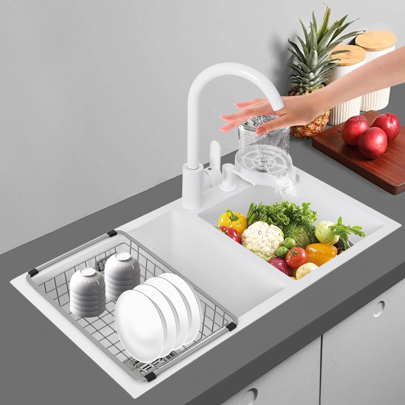 2 lavelli da cucina, 71 x 38 x 21 cm, colore bianco, in acciaio inox, con rubinetto per acqua calda e fredda, rettangolare, con sgocciolatoio, set di lavello da incasso, per appartamenti, ristoranti