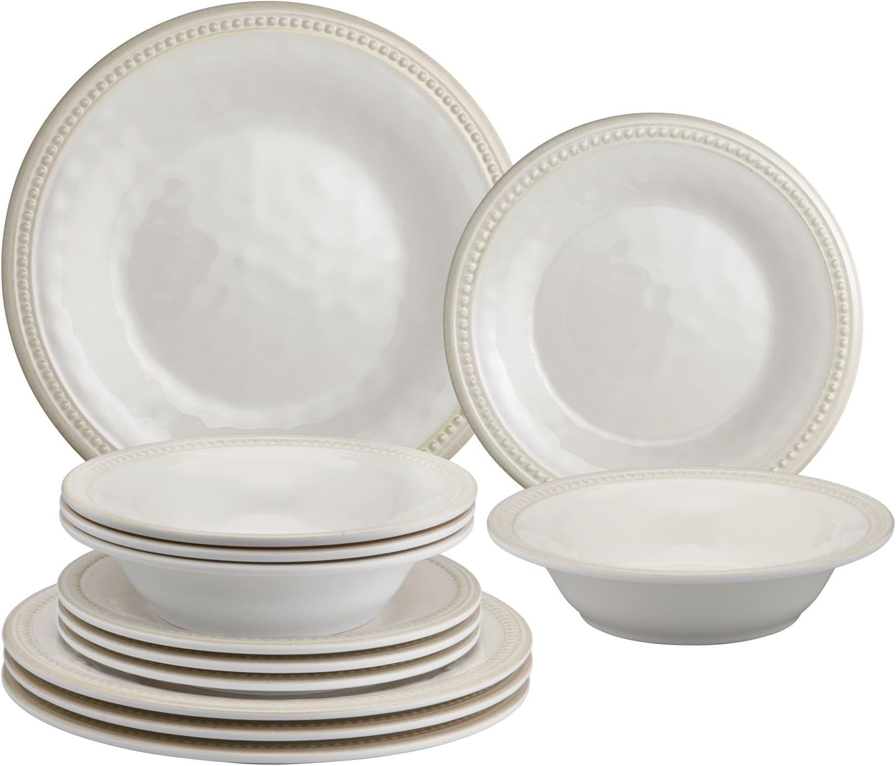 UPware 12 Piece Beaded Melamine Dinnerware Sets, Outdoor Dishes Set, Plates and Bowls Sets, Service for 4, Cream