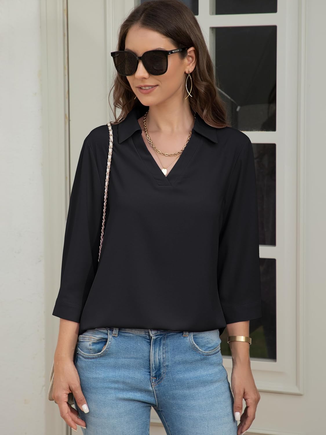 YUCOLEN 3/4 Sleeve Tunic Tops for Women V Neck Collared Shirts Chiffon Work Blouses Dressy Casual S-XXL - Image 4