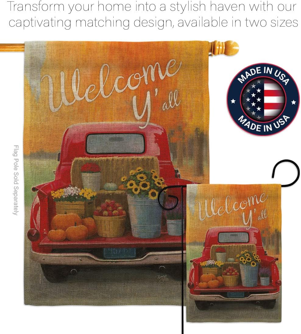 Welcome Harvest Truck Garden Flag - Set Wall Holder Fall & Autumn Scarecrow Pumkins Sunflower Leaves Season Autumntime Gathering - House Banner Small Yard Gift Double-Sided Made In USA 13 X 18.5